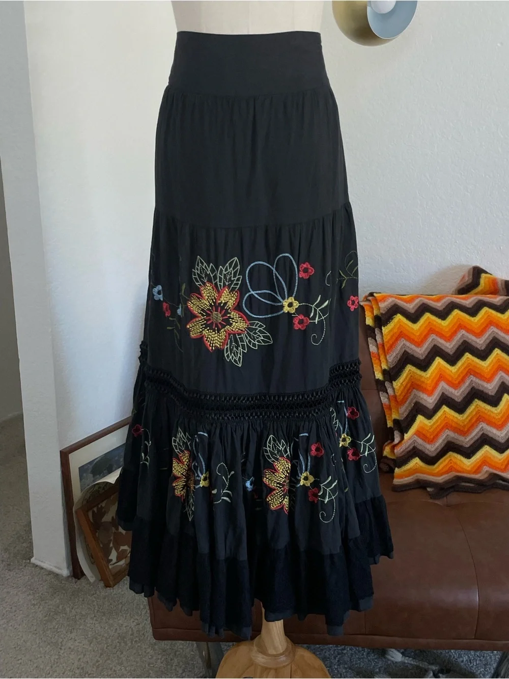 Bizz Boho Witchy Peasant Floral Embroidered Sequined Skirt